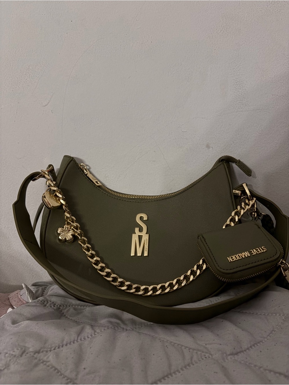 Steve Madden Olive Crescent Chain Shoulder Bag with Coin Pouch